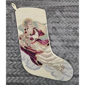 Vintage Imperial Elegance Needlepoint Christmas Stocking Wool Angel Harp Ivory